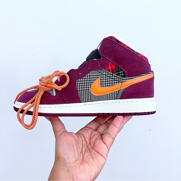Nike Air Jordan AJ 1 Mid Special Edition Maroon Orange Plaid - Picture 5 of 8